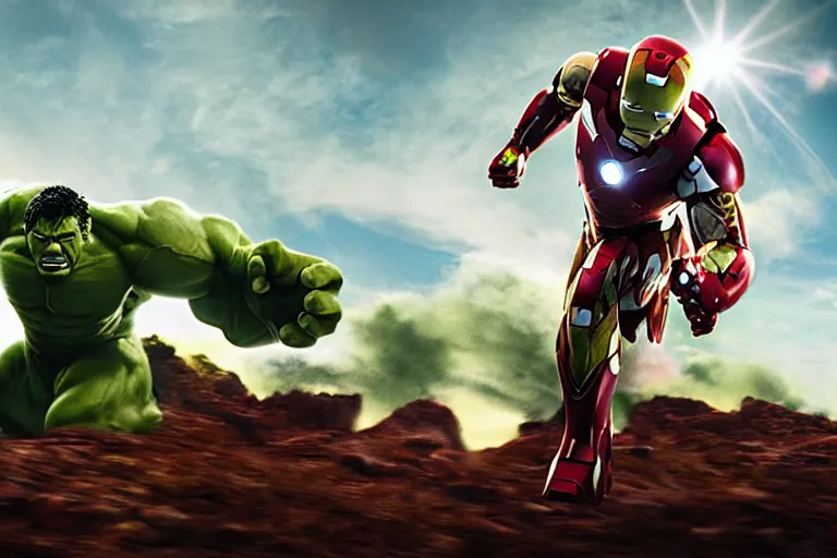 Image similar to ironman riding the hulk in a race, cinematic imax shot, retro, hyper detailed, windy mane, motion still