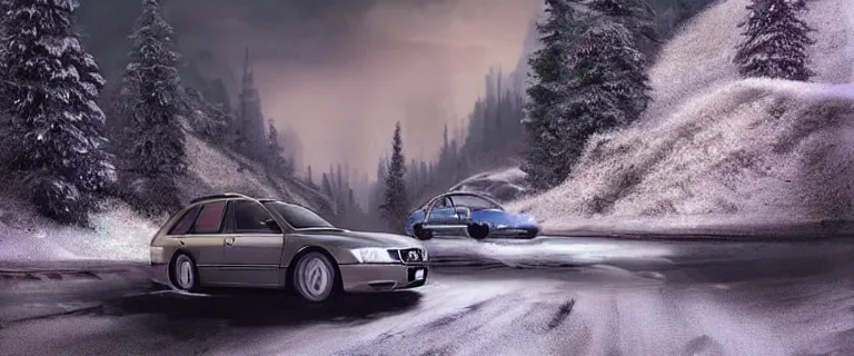 Image similar to Audi A4 B6 Avant (2002), a gritty neo-noir, dramatic bright lighting, cinematic, establishing shot, extremely high detail, photorealistic, cinematic lighting, artstation, by simon stalenhag, Snowy italian road, Snowy Alps, serious car crash, At night, Poets of the Fall - Late Goodbye