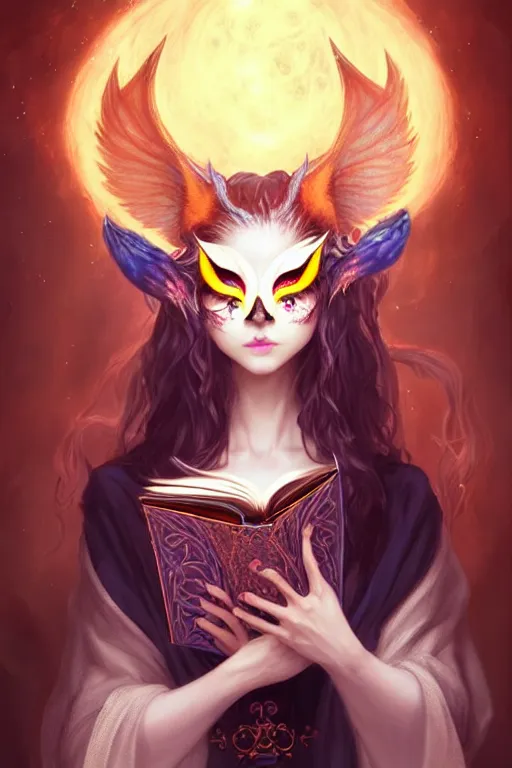 Prompt: gorgeous!!! hyper - realstic sorceress with a kitsune mask, holding a tattered magical book, casting a spell | drawn by wlop, drawn by jeehyung lee, drawn by artgerm | intricate, highly detailed, digital painting, character design, concept art, illustration, artstation