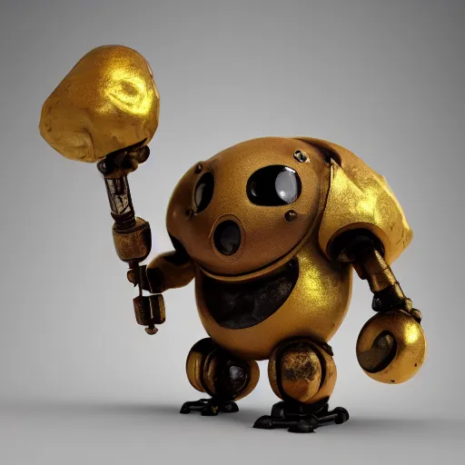 Image similar to a small chubby bot, smooth panelling, one large gold eye intricate detail, style of pokemon, with damaged rusty arms, broken antenna, recycled, floating, white studio, oil, mechanical, toy, ambient light, in the style of pokedstudios, belnder, octane render, 8 k,