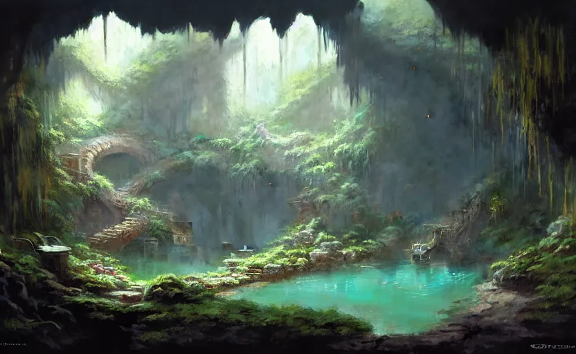 Image similar to painting of an interior of a hidden hotspring in a cave, fantasy, lush plants and flowers, natural light, concept art, by greg rutkowski and craig mullins, cozy atmospheric and cinematic lighting, trending on artstation