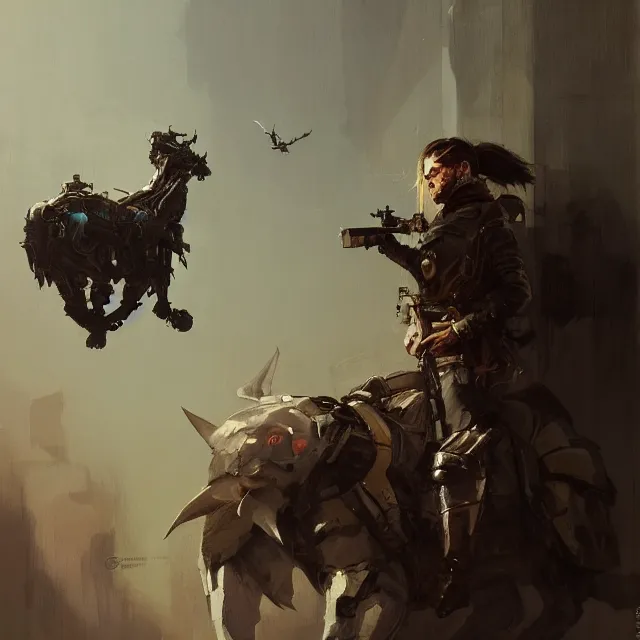 Prompt: a painting of an outlaw with a mechanical animal by greg rutkowski, dark fantasy art, high detail, trending on artstation