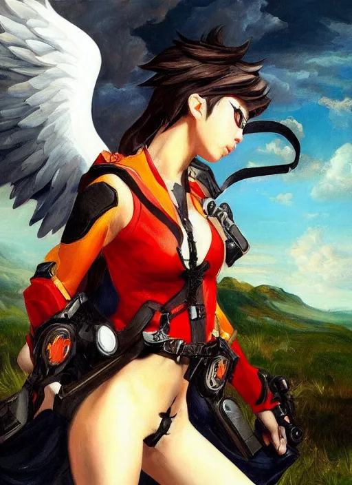 Image similar to oil painting of tracer overwatch in the style of sophie anderson, on knees, angel wings, black outfit, dramatic painting, wearing black choker,