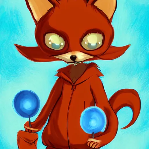 Prompt: furry ( fandom ) art of a cute anthropomorphic sandy - colored tan fox and blue eyes and wearing a blue sweatshirt holding fireballs, digital art, painting, trending on furaffinity, big eyes