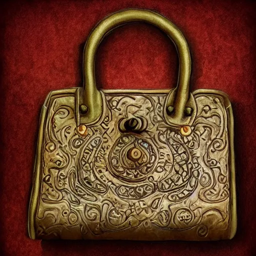 Prompt: an ornate small leather bag, fantasy illustration, medieval era, blank background, studio lighting, hand - drawn digital art