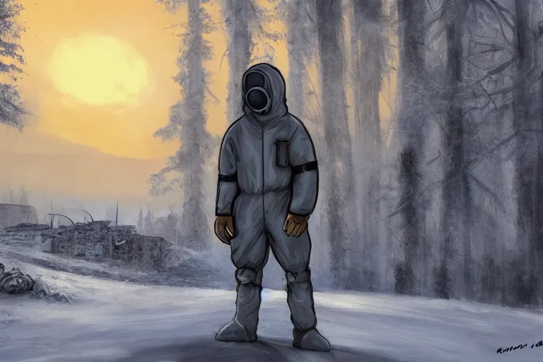 Image similar to ryan church jon mccoy concept art mood painting man wearing grey hazmat suit gp - 5 gas mask sitting against concreate wall snow covered field watching the beautiful winter sunrise burning ruins in background forest