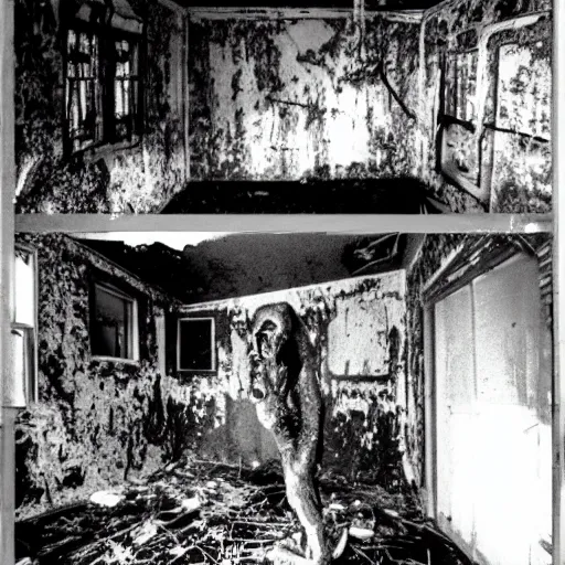 Image similar to 1 9 9 3, disposable camera, flash, old abandoned house, mutant creature standing, meat, ooze, slime, veins, wet