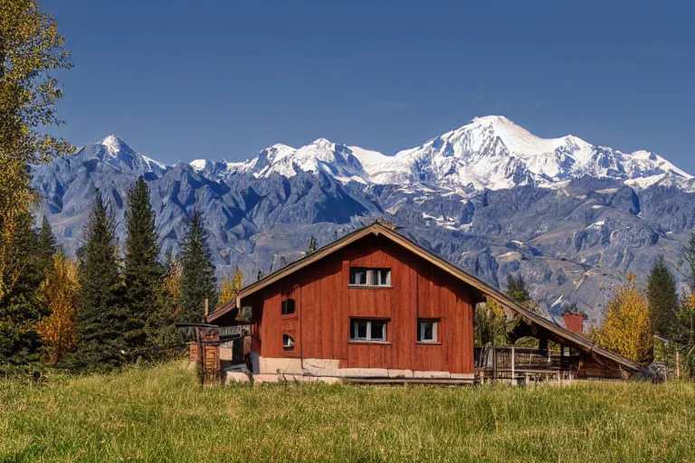 Image similar to architecture photo modern fachwerk house cottage settlement with Elbrus mountain on the background, architecture, photorealism 8k , high details