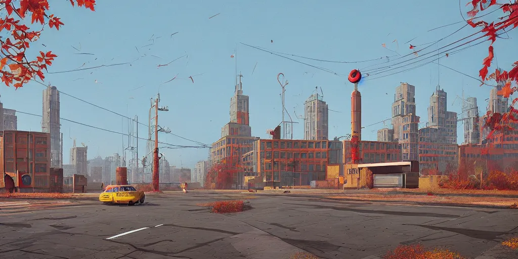 Image similar to retrofuturistic autumn post soviet city in style of Simon Stalenhag