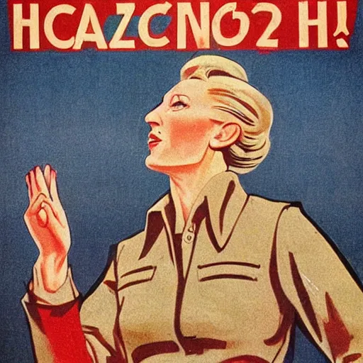 Prompt: soviet propaganda poster with cate blanchett calling on the world community to fight against Nazism, Ultra Detailed, soviet realism