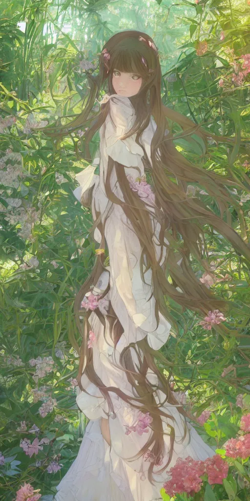 Prompt: a digital art of a loli with long hair in a dress in the privet garden at after noon, green and warm theme, back lighting, by krenz cushart and mucha and akihito yoshida and greg rutkowski and makoto shinkai, graphic design, extremely long shot, detailed eyes, 4 k resolution, trending on art station