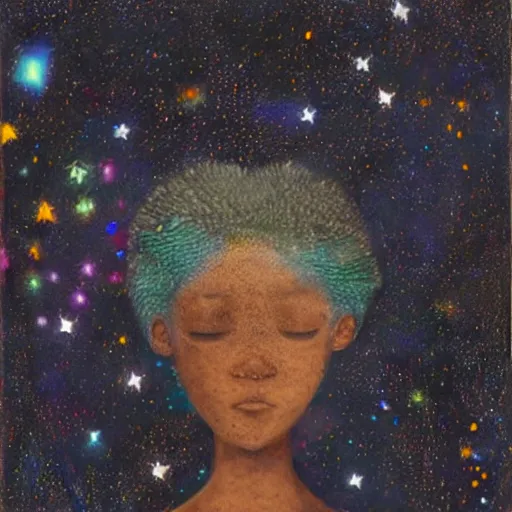 Image similar to blocks by loretta lux, by jack whitten. land art. a beautiful illustration of a young girl with long flowing hair, looking up at the stars. she appears to be dreaming or lost in thought.