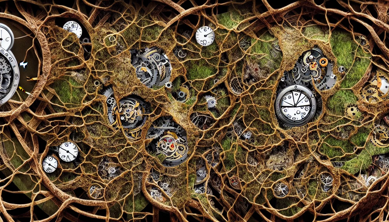 Prompt: detailed view from inside a clockwork watch landscape, entangled roots covered in mushrooms, cracked earth, living spore microorganisms, decaying, rusty, hyper realistic photo, full colour, upscale, 8 k
