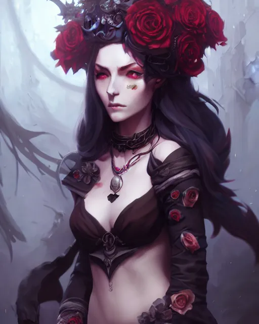 Image similar to dressed dark sorceress surrounded by skulls and roses, atmospheric, cushart krenz, very detailed, realistic face, detailed face, matte, tonemapping, bbwchan, perfection, 4 k, cushart krenz