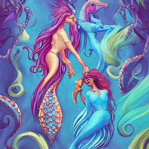 Image similar to merfolk riding seahorses, trending on artstation, colorful, intricate, art by aurore folny and senjon 津