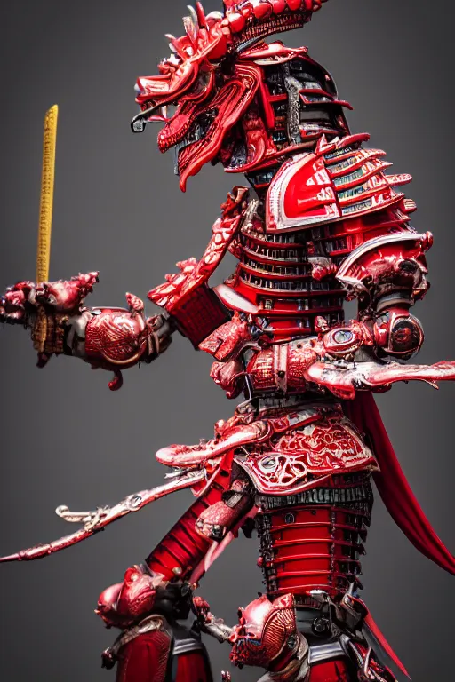 Image similar to photography of a mechanical dragon samurai in red japanese armor taken with Leica M11 , in human form, full body, ultra realistic, octan render