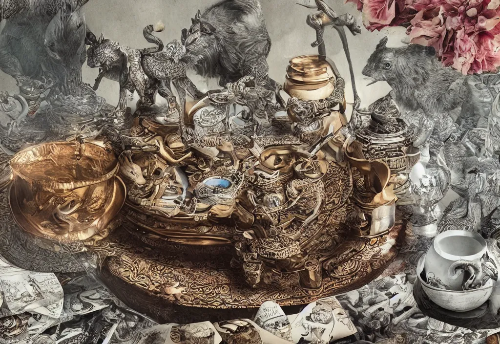 Image similar to smooth shading, ultra detailed, realistic detailed photo rendered in octane 3 d, with an ashtray on top, collage, paper, animals, intricate detail, intricate ink painting detail, sharp high detail ultra detailed, high resolution, cinematic, unreal 6