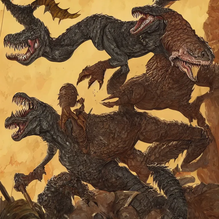 Image similar to a human d & d barbarian being attacked by a fantasy velociraptor, rpg book illustration