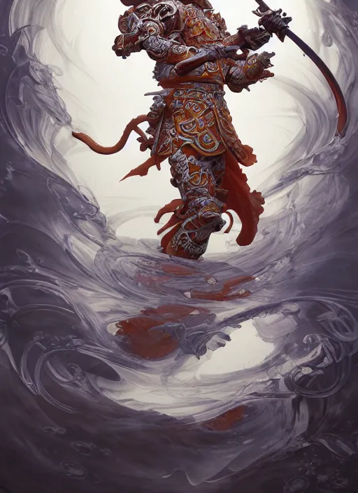 Image similar to subsurface scattering, white, koi, samurai deity with koi armor, art nouveau swirls, epic lighting, octane render, by jesper ejsing, james jean, justin gerard, tomasz alen kopera, cgsociety and fenghua zhong, highly detailed, rim light, art, very coherent, cinematic, hyper realism, high detail, 8 k