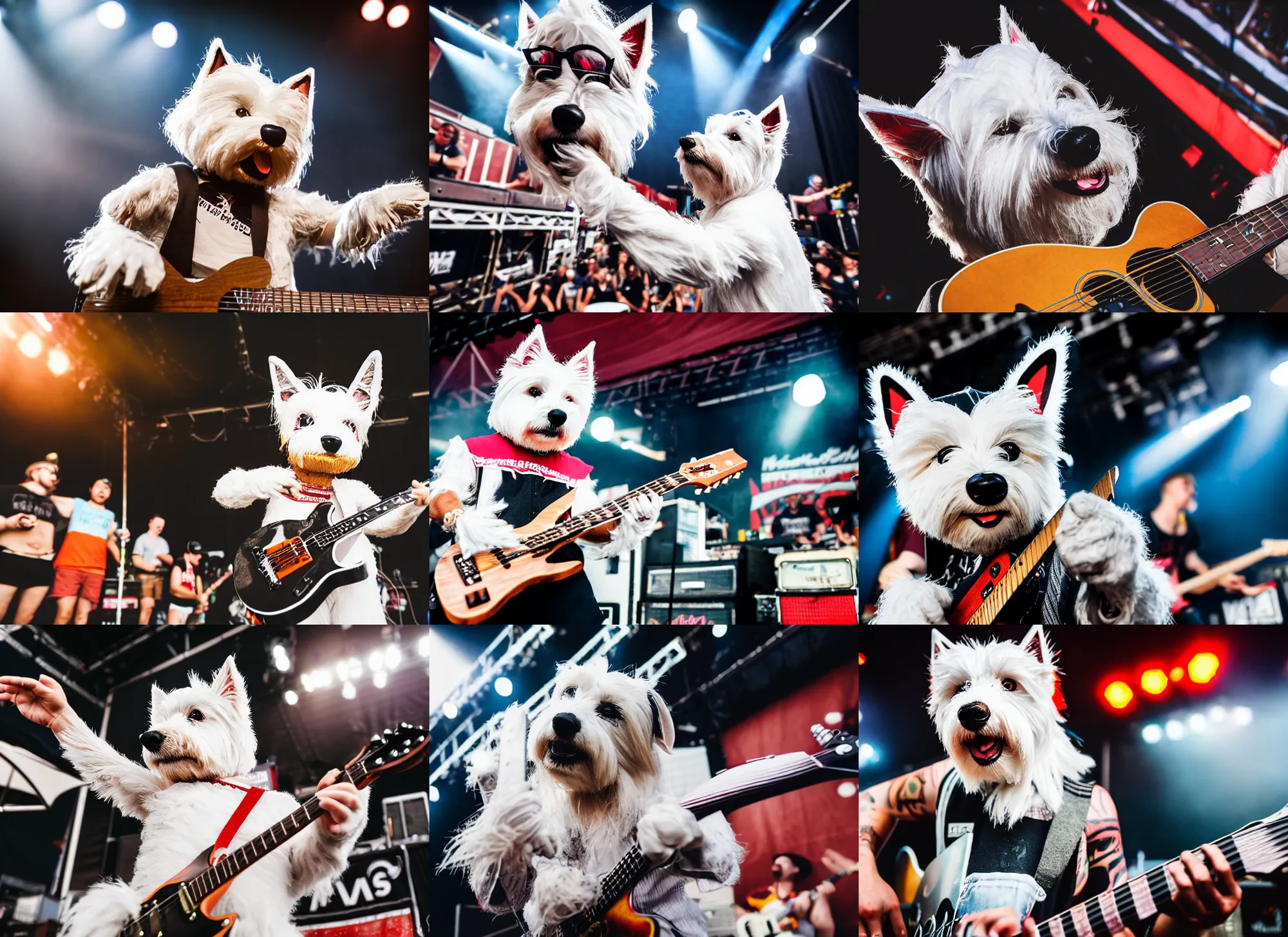 Prompt: photo still of an anthropomorphic westie on stage at vans warped tour!!!!!!! shredding a guitar on stage, 8 k, 8 5 mm f 1. 8, studio lighting, rim light, right side key light