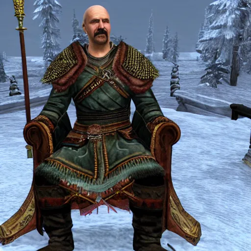 Prompt: Alexander Lukashenko as a Jarl in The Elder Scrolls V: Skyrim sitting on his throne in a relaxed rude pose