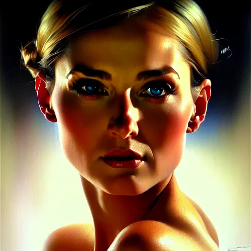 Image similar to close up face of a extremely beautiful bond female vam pire portrait, Masterpiece, oil on canvas, artgerm, norman rockwell, craig mulins, trending on pxiv,