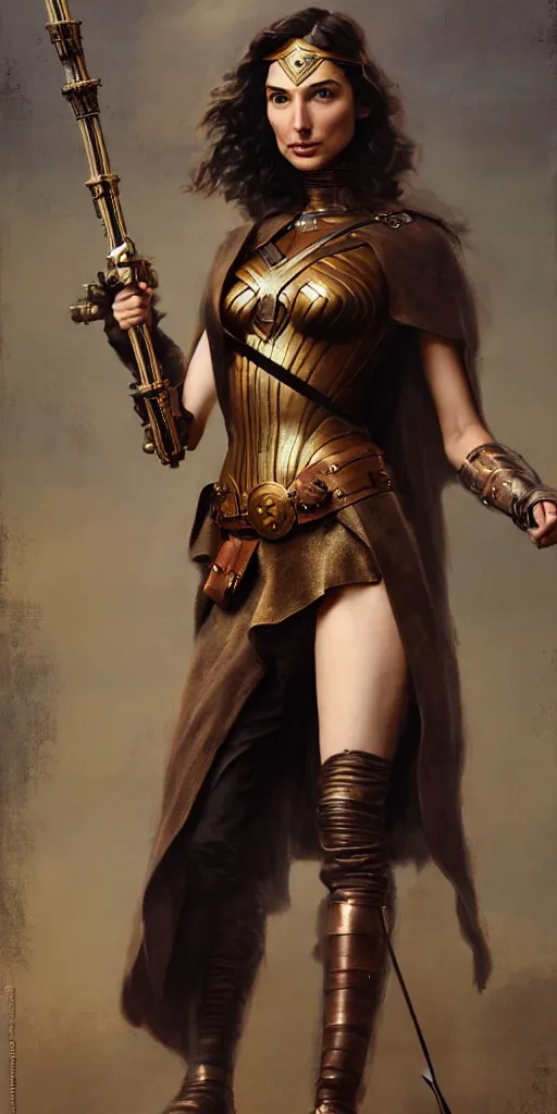 Image similar to highly detailed steampunk gal gadot standing, cape, bo staff : leonardo da vinci, greg rutkowski, magali villeneuve