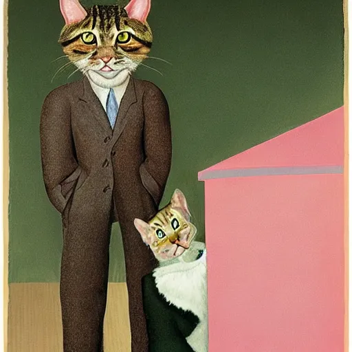 Image similar to fuzzy furry ears Portrait of Man camouflaged as Tabby Cat whilst wearing a pink tuxedo Standing atop a Garbage Truck Eric Ravilious Edward Hopper Newell Convers Wyeth Andrew Wyeth Jamie Wyeth