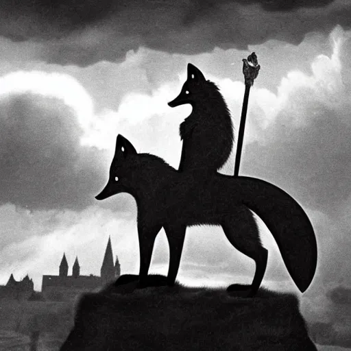 Prompt: anthropomorphic fox!! who i - s a medieval knight holding a swo - rd towards a stormy thundercloud [ 1 9 3 0 s film still ], ( castle in the background )