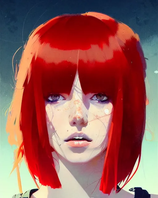 Image similar to a ultradetailed beautiful portrait panting of a stylish woman with red bangs, by conrad roset, greg rutkowski and makoto shinkai, trending on artstation