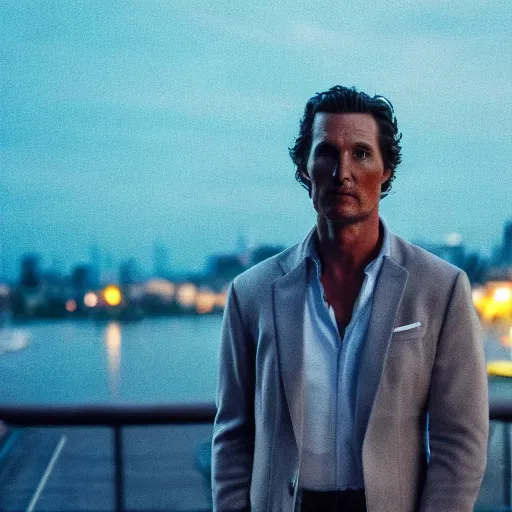 Image similar to a still of matthew mcconaughey . Shallow depth of field. City at night in background, lights, colors ,studio lighting, mood, 4K. Profession photography