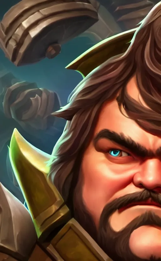 Image similar to Jack Black as a character in the game League of Legends, with a background based on the game League of Legends, detailed face, old 3d graphics