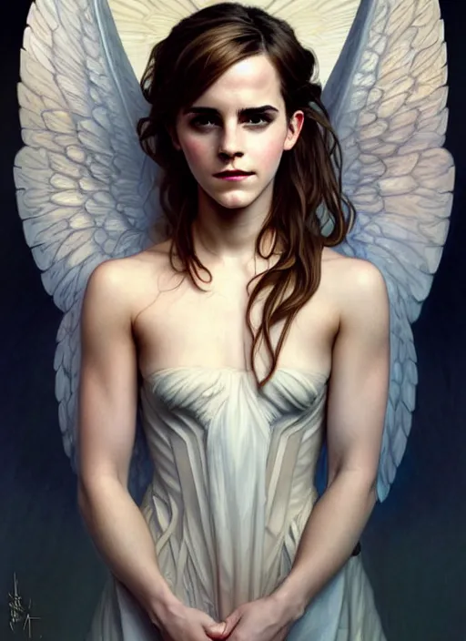 Prompt: portrait of emma watson as an sultry angel, wings, bible, intricate, headshot, highly detailed, digital painting, artstation, concept art, sharp focus, cinematic lighting, illustration, art by artgerm and greg rutkowski, alphonse mucha, cgsociety