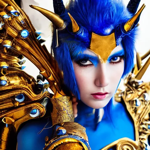 Image similar to close up headshot of a woman in elaborate blue and gold armor with spiked horns on her helmet, cosplay, photoshoot, photograph by Zhang Jingna