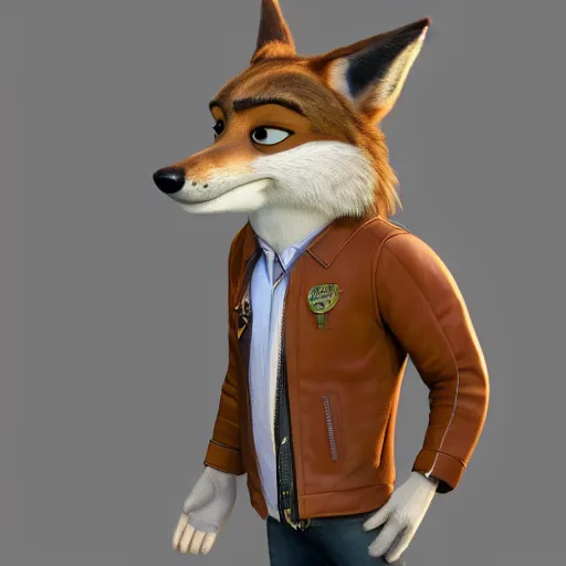 Image similar to portrait, 3 d render, anthropomorphic coyote male, wearing along brown leather jacket, in the style of zootopia, centered on face