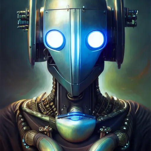 Image similar to front shot of a cyberpunk gazmask robot character, intricate, elegant, highly detailed, centered, digital painting, artstation, concept art, smooth, sharp focus, illustration, artgerm, Tomasz Alen Kopera, Peter Mohrbacher, donato giancola, Joseph Christian Leyendecker, WLOP, Boris Vallejo