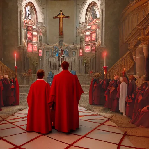 Prompt: octane render by mort kunstler and annie leibovitz and monia merlo, a line of people in colorful tunics receiving holy communion from a monstrous alien creature in a red cardinal robe, 4 d, 4 k, volumetric lighting, ray traced lighting, ultra - detailed