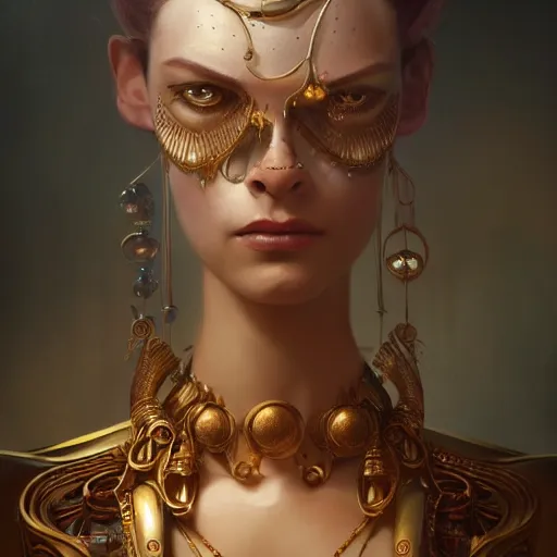 Image similar to beautiful portrait of imposing biomechanical Djinn by charlie bowater, mandy jurgens, gustav klimt, octane render, 4k, high detail, by tom bagshaw, powerful