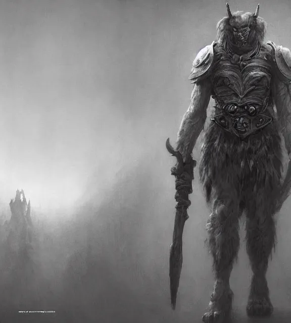 Image similar to furry beastman concept, beksinski, age of sigma art, frank franzetta, ruan jia, dark soul armor concept, trending on artstation, wayne barlowe, adrian smith fantasy art, elden ring art, the hobbit art, lord of the ring art, infinity blade armor