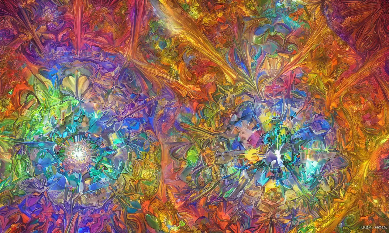 Image similar to voronoi engine laboratory 3 d volume kaleidoscope mandala fractal chakra digital multicolor stylized concept substance by artgerm, rossdraws, norman rockwell, magali villeneuve, gil elvgren, alberto vargas, earl moran, enoch bolles radiating a glowing aura global illumination ray tracing hdr