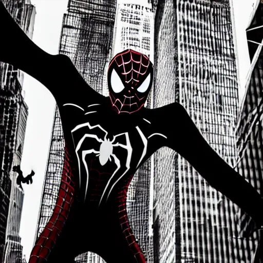 Prompt: black and white ugly scary spider - man with red mask with tentacles in a torn suit flies between huge skyscrapers by tsutomu nihei, black and white, comic, cinematic, no color, detalized new york background