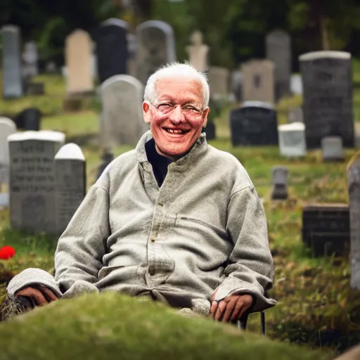 Image similar to a smiling old man in a graveyard