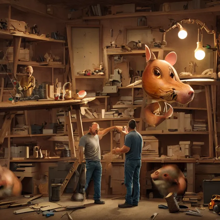 Image similar to crew of workers building giant mouse - movie prop - head in quaint workshop, octane render, 4 k ultra hd, hyper - detailed, realistic, seedy lighting, sharp focus, in style of beeple