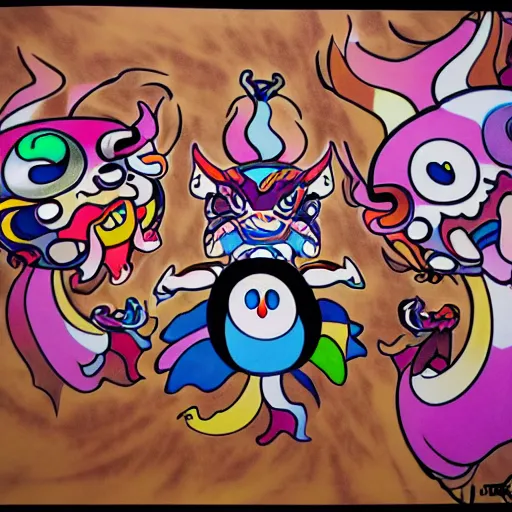 Image similar to Three demons flying up from a desert canyon in the style of Takashi Murakami