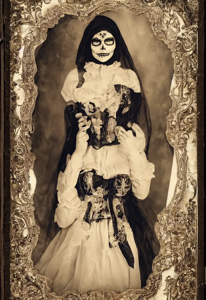 Prompt: tintype full body view, one woman religous veil, dia de muertos dress and make up, bra garters and stockings, holding glass heart, horrific beautiful vibe, evocative, atmospheric lighting, painted, intricate, highly detailed,