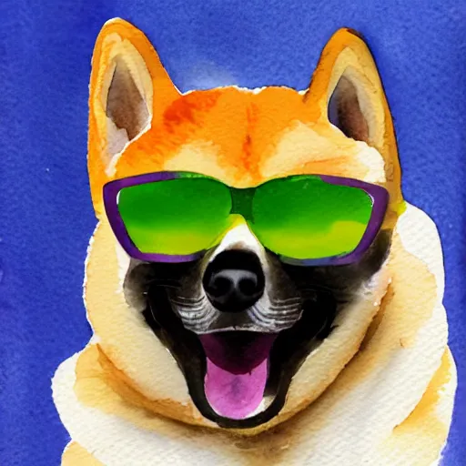 Prompt: watercolor art of a shiba inu dog wearing sunglasses