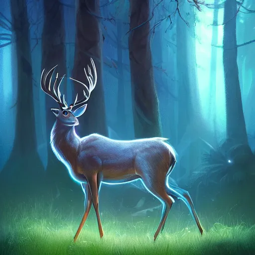 Prompt: The Guardian of the Forest, Ethereal Deer Spirit Glowing with Magical Blue Aura, Nighttime Digital Art, Artstation