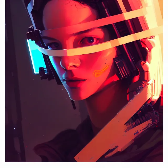 Prompt: a beautiful painting of a cyberpunk blindfolded girl by sachin teng and pascal blanche and ralph mcquarrie and greg rutkowski. in style of conceptual art. ( colorful comic ), ( film noirs ), ( brush stroke ), ( vibrating colors ), hyper detailed. 4 k texture. octane render. trending on artstation