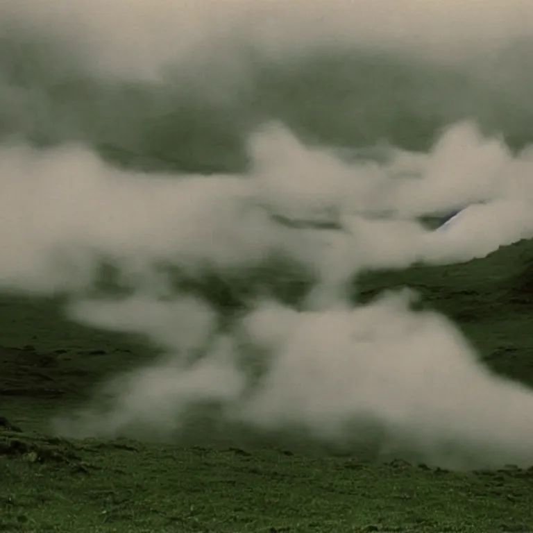 Image similar to bright and moody 1 9 7 0's artistic technicolor spaghetti western film, a large huge group of women in a giant billowing wide long flowing waving shining bright white dresses made of white smoke, standing inside a green mossy irish rocky scenic landscape, volumetric lighting, backlit, moody, atmospheric, fog, extremely windy, soft focus