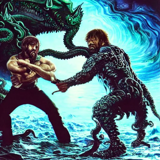 Prompt: uhd photorealistic detailed image of chuck norris fighting lovecraftian cthulhu by ayami kojima amano, karol bak, correct face